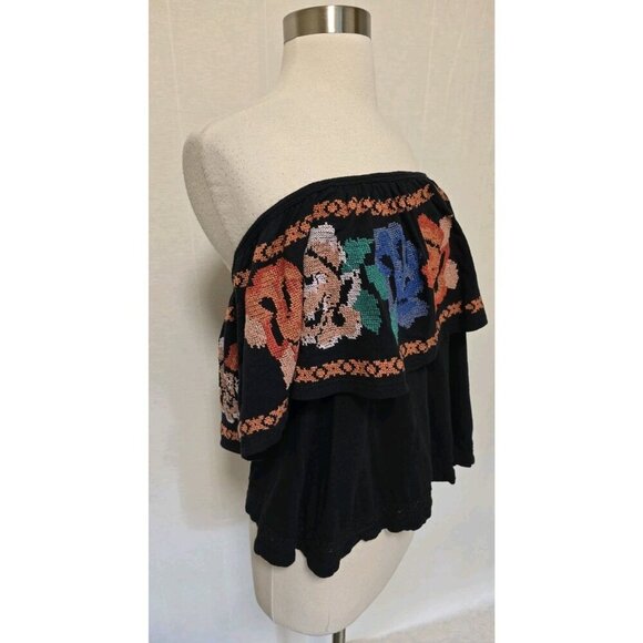 Free People Cross Stitch Embroidered Top Size XS Black Off Shoulder - Picture 2 of 9